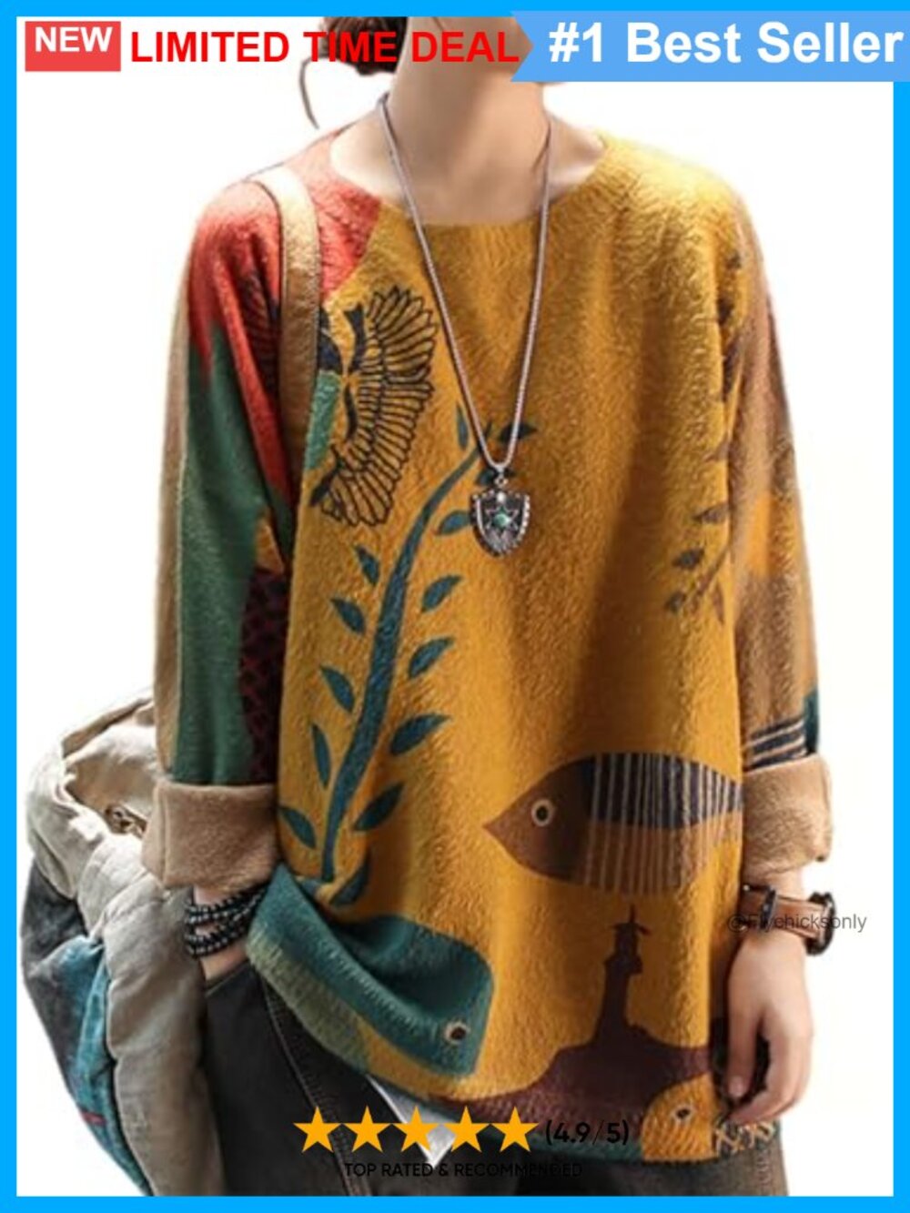 Oversized Boho Cotton Wool Pullover Sweater Crew Neck